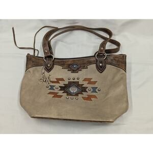 American West Hand Tooled Patterned Crossbody Bag Light Brown Genuine Leather
